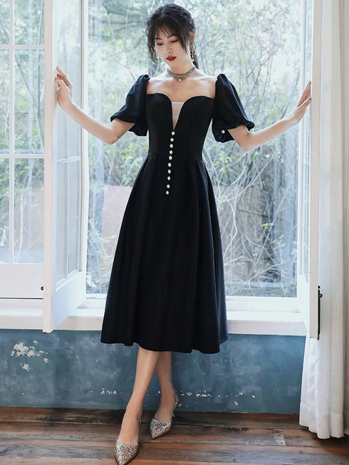 Black Velvet Tea Length Short Sleeves Wedding Party Dress, Black Velvet Homecoming Dress